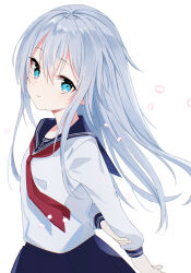 1girl anchor_print arms_behind_back blue_eyes blue_hair blue_sailor_collar blue_skirt blush commentary double-parted_bangs falling_petals fathom from_side hair_between_eyes hibiki_(kancolle) highres kantai_collection long_sidelocks long_sleeves neckerchief petals pleated_skirt red_neckerchief sailor_collar shirt sidelocks simple_background skirt smile solo turning_head upper_body white_background white_shirt