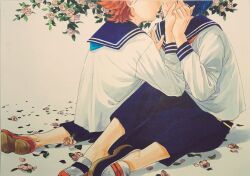 Rule 34 | 2boys, 59awakadoy, blue hair, blue pants, blue sailor collar, branch, closed mouth, commentary request, hand on another&#039;s face, head out of frame, holding hands, imminent kiss, long sleeves, male focus, multiple boys, neckerchief, no socks, orange hair, orange neckerchief, original, pants, sailor collar, school uniform, serafuku, shirt, shoes, short hair, traditional media, white shirt, white shoes, yaoi