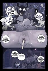 1boy 1girl absurdres after_anal after_vaginal aftersex anal anus ass black_skin breast_press breasts colored_skin cum cum_in_ass cum_in_pussy cumbread doggystyle english_text erection grabbing_from_behind highres hollow_knight iselda_(hollow_knight) knight_(hollow_knight) large_breasts looking_at_viewer nipples one_eye_closed penis pussy sex sex_from_behind size_difference speech_bubble testicles trembling vaginal white_skin