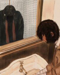 Rule 34 | 1boy, bandaged arm, bandages, bathroom, black coat, brown hair, bungou stray dogs, closed eyes, coat, corpse, dazai osamu (bungou stray dogs), different reflection, faceless, faucet, highres, kusaikdd, reflection, short hair, sink, solo, suicide, tile wall, tiles, upper body, washing hands, yellow coat