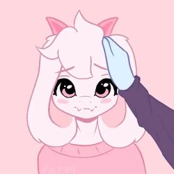 2boys animal animal_ears animated animated_gif deltarune fangs feminine floppy_ears furry furry_male furry_with_non-furry goat goat_boy goat_ears goat_horns hand_on_another&#039;s_head happy horns interspecies kris_(deltarune) looking_at_viewer multiple_boys open_mouth pink_background pink_eyes pink_horns pink_shirt pov ralsei shirt smile standing valeria_fills white_fur white_hair