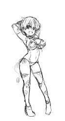 1girl armpits arms_behind_head artist_request bikini breasts cleavage cow_horns cow_print cow_print_bikini cow_tail fang front-tie_bikini_top front-tie_top highres horns large_breasts looking_at_viewer monochrome navel open_mouth print_bikini short_hair side-tie_bikini_bottom sketch smile solo source_request swimsuit tail teeth tongue uzaki-chan_wa_asobitai! uzaki_hana