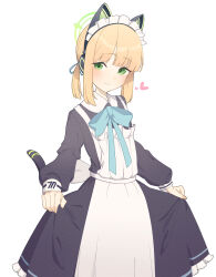 1girl absurdres animal_ear_headphones animal_ears apron aqua_bow aqua_bowtie aqua_ribbon back_bow black_dress black_tail blonde_hair blue_archive blunt_bangs blush bow bowtie cat_ear_headphones cat_ears cat_tail closed_mouth collared_dress commentary contrast_collar dress fake_animal_ears fake_tail frilled_apron frilled_dress frills green_eyes green_halo hair_ribbon halo headphones heart highres long_sleeves looking_at_viewer maid maid_apron maid_headdress medium_hair midori_(blue_archive) midori_(maid)_(blue_archive) millennium_science_school_logo official_alternate_costume official_alternate_hairstyle parted_bangs ponytail puffy_long_sleeves puffy_sleeves ribbon shiratsuki_(user_drrz8742) sidelocks simple_background skirt_hold smile solo tail white_apron white_background white_bow white_headdress