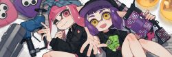 .96_gal_(splatoon) 2girls baseball_cap black_hat black_shirt black_shorts blue_hairband bow_hairband closed_mouth collared_shirt commission e-liter_4k_(splatoon) earrings eyebrow_cut film_grain golden_egg_(splatoon) hairband hat highres holding holding_weapon inkling inkling_girl inkling_player_character jewelry long_hair long_sleeves looking_at_viewer medium_hair mole mole_under_eye multiple_girls nintendo one_eye_closed open_mouth pink_eyes pink_hair pointy_ears prat_rat purple_hair reaching reaching_towards_viewer shirt shorts smile splatoon_(series) stuffed_squid t-shirt tentacle_hair watermark watermark_grid weapon yellow_eyes