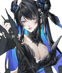 1girl alternate_costume black_dress black_hair black_horns blue_hair breasts cleavage colored_inner_hair commentary dress english_commentary feather_dress hair_ornament hololive hololive_english horns igonnaswing large_breasts looking_at_viewer mole mole_under_eye multicolored_hair nerissa_ravencroft parted_lips red_eyes solo virtual_youtuber
