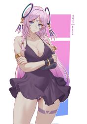 1girl armlet artist_name asymmetrical_sleeves bare_shoulders blue_eyes bracelet braid breasts citlali_(genshin_impact) cleavage closed_mouth collarbone commentary crossed_arms dress facial_mark feathers floating_headgear forehead_mark genshin_impact gluteal_fold hair_intakes headgear highres jewelry large_breasts long_hair melowh panties patreon_username pink_background pink_feathers pink_hair pink_pupils pout purple_dress purple_feathers purple_panties purple_sleeves ring_hair_ornament solo thigh_marking thighs triangle triangle_facial_mark underwear uneven_sleeves white_background