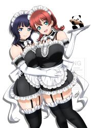 2girls :d absurdres alternate_costume apron aqua_eyes asaka_karin bare_shoulders black_dress black_thighhighs blue_eyes blue_hair blunt_bangs braid breasts brown_hair closed_mouth commentary detached_collar dress emma_verde enmaided feet_out_of_frame frilled_apron frilled_dress frills garter_straps highres holding holding_tray large_breasts looking_at_viewer love_live! love_live!_nijigasaki_high_school_idol_club low_twin_braids maid maid_headdress medium_hair multiple_girls noochan_chonoda open_mouth short_dress simple_background sleeveless sleeveless_dress smile split_mouth standing stuffed_animal stuffed_panda stuffed_toy thighhighs tray twin_braids waist_apron white_apron white_background