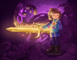 absurdres energy_sword five_nights_at_freddy&#039;s frisk_(undertale) highres indie_cross short_hair springtrap stitch_tux sword undead undertale weapon william_afton