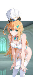 1girl absurdres ahoge blurry blurry_background breasts chef_hat cleavage escoffier_(genshin_impact) genshin_impact green_eyes hat highres indoors long_hair looking_at_viewer medium_breasts orange_hair panties panty_pull pulling_own_clothes solo standing thighhighs underwear vincent_leo white_hat white_panties white_thighhighs