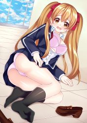 1girl age_progression ass black_socks blue_jacket blue_skirt blush bra breasts brown_eyes brown_hair collared_shirt day eyebrows facing_viewer hair_between_eyes hair_ornament hair_ribbon jacket kitsuneco kneehighs large_breasts looking_at_viewer lying medium_breasts on_side open_mouth outdoors pink_bra red_ribbon ribbon roof school shirt shoes silica silica_(sao-alo) skirt sky socks solo sword_art_online twintails unbuttoned underwear upset upskirt wavy_mouth white_shirt