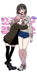 2girls black_dress black_socks blue_eyes blue_shorts boots brown_eyes brown_hair brown_jacket childhood_friend_complex closed_mouth dress eunhi highres hug jacket kwon_minji lee_ha-neul long_hair long_sleeves multiple_girls official_art open_mouth pink_hair pink_socks serious shoes short_hair shorts simple_background smile sneakers socks sweater thighs very_long_hair white_background white_sweater