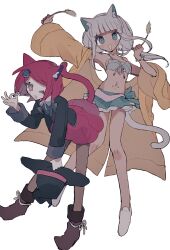 2girls absurdres animal_ears arms_up bead_necklace beads black_jacket blue_eyes blue_skirt blunt_bangs blush breasts cat_ears cat_girl cat_tail collared_jacket danganronpa_(series) danganronpa_v3:_killing_harmony dark-skinned_female dark_skin eyelashes frills full_body ganguro gem_hair_ornament gyaru hair_ornament happy hat hat_belt highres holding holding_unworn_clothes holding_unworn_hat jacket jewelry leaning_forward long_hair long_sleeves looking_at_viewer low_twintails manaita_no_sake multiple_girls navel_piercing necklace open_mouth pantyhose piercing pleated_skirt raincoat red_eyes red_hair red_skirt school_uniform shell shell_necklace shirt short_hair simple_background skirt smile solo swimsuit tail twintails unworn_hat unworn_headwear white_background white_hair witch_hat yellow_raincoat yonaga_angie yumeno_himiko