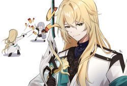 Rule 34 | 1boy, 1girl, androgynous, attack, bishounen, black footwear, black jacket, black shirt, blonde hair, bucket, closed mouth, coat, commentary, english commentary, fencing, flat chest, green eyes, grey hair, hair between eyes, highres, holding, holding bucket, holding sword, holding weapon, honkai: star rail, honkai (series), jacket, long hair, long sleeves, looking at viewer, low ponytail, luocha (honkai: star rail), male focus, mztmine, no eyes, open clothes, open jacket, pants, ponytail, shirt, smile, smirk, solo focus, standing, stelle (honkai: star rail), sword, sword in front of face, ticket, trailblazer (honkai: star rail), upper body, weapon, white coat, white pants, white shirt, white sleeves