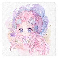 1girl bare_shoulders blue_eyes blue_hat border bracelet bug butterfly chibi chinese_commentary closed_mouth commentary_request cropped_torso double_bun dress eyelashes eyeshadow flower flower_hat gold_bracelet hair_bun hair_flower hair_ornament happy hat highres insect jewel_under_eye jewelry lanmeier light_blush long_hair looking_ahead makeup nikki_(series) object_floating_above_hand outstretched_hand painting_(medium) pink_eyeshadow pink_hair purple_flower see-through_clothes see-through_headwear shining_nikki sidelocks sleeveless sleeveless_dress smile solo traditional_media vast_blossom_(shining_nikki) very_long_hair watercolor_(medium) white_border white_dress