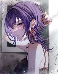Rule 34 | 1girl, adjusting hair, arm at side, asahina mafuyu, bare arms, bare shoulders, black bra, bra, chromatic aberration, closed mouth, commentary request, crack, cracked glass, earrings, film grain, fingernails, flipped hair, from side, gem, hair between eyes, highres, indoors, jewelry, lace, lace bra, light particles, long hair, looking at viewer, nhrg806, project sekai, purple eyes, purple hair, red gemstone, red lips, solo, sparkle, tile wall, tiles, underwear, upper body, water drop, window