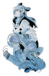 1other 2girls blood blood_on_face blue_theme breasts bun_with_braided_base cleavage cleavage_cutout clothing_cutout commentary_request double_bun hair_bun heart_cutout highres irene_(jojo) jeonjin_(mynamebazin) jojo_no_kimyou_na_bouken korean_commentary kuujou_jolyne limited_palette long_hair medium_breasts multicolored_hair multiple_girls stand_(jojo) stone_free stone_ocean string two-tone_hair wet
