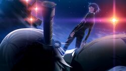 2boys black_hair black_pants black_shirt blood blood_in_hair clone combat_knife death fumio_(ura_fmo) game_cg grey_eyes grisaia_(series) grisaia_no_rakuen highres injury kazami_yuuji kazami_yuuji_clone knife knife_in_head lens_flare male_focus multiple_boys night night_sky non-web_source object_through_head official_art outdoors pants parted_lips profile ship shirt short_hair sideways_glance sky standing tactical_clothes torn_clothes torn_pants torn_shirt watch watercraft weapon wristwatch