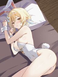 1girl ahhgik animal_ear_hairband animal_ears bed blonde_hair breasts commentary english_commentary fake_animal_ears flower genshin_impact hair_flower hair_ornament hairband head_on_pillow highres indoors leotard looking_at_viewer lumine_(genshin_impact) lying medium_breasts on_bed on_side pillow playboy_bunny rabbit_ears short_hair_with_long_locks solo strapless strapless_leotard white_flower white_leotard wrist_cuffs yellow_eyes