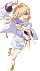 1girl arm_up blonde_hair blue_shirt blush boots braid breasts double_v fang fujita_kotone full_body gakuen_idolmaster highres idolmaster jacket lace-up_boots long_hair looking_at_viewer midriff navel off_shoulder one_eye_closed open_mouth pencil_skirt reaching reaching_towards_viewer shirt short_sleeves simple_background skin_fang skirt small_breasts smile solo twin_braids v v-shaped_eyebrows white_background white_jacket white_skirt wqdofjpeqs63235 yellow_boots yellow_eyes