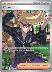 1boy against_tree artist_name black_jacket blonde_hair blue_sky card_(medium) character_name clavell_(pokemon) clive_(pokemon) closed_mouth cloud company_name copyright_name copyright_notice day english_text facial_hair flower gossan grass jacket lamppost long_sleeves male_focus nintendo official_alternate_costume official_art orange-tinted_eyewear outdoors pokemon pokemon_card pokemon_tcg purple-framed_eyewear purple_shorts shorts sky solo third-party_source tinted_eyewear trading_card tree zipper