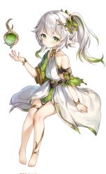 1girl alternate_costume artist_name bare_shoulders barefoot belt bracelet closed_mouth commentary dress eyelashes from_side genshin_impact gold_anklet gold_choker gold_thighlet gradient_hair green_eyes green_hair guzangnanfeng hair_between_eyes hand_up highres jewelry light_blush long_hair looking_at_viewer multicolored_hair nahida_(genshin_impact) pointy_ears simple_background sleeveless sleeveless_dress solo star-shaped_pupils star_(symbol) symbol-shaped_pupils toes twitter_username white_background white_dress white_hair