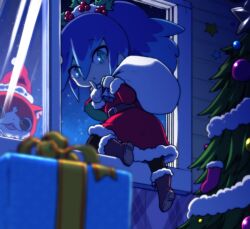 1girl blue_hair boots cat christmas christmas_present christmas_stocking christmas_tree finger_to_mouth fubukihime gift green_eyes hat high_ponytail holly jibanyan long_hair multicolored_hair nollety notched_ear open_mouth ponytail sack santa_costume santa_hat shushing solo_focus two-tone_hair youkai_watch