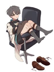Rule 34 | 1boy, :o, aisu (ahono ice), black shorts, blue eyes, brown shoes, chair, clipboard, coat, colored sclera, full body, gloves, grey gloves, grey hair, grey sclera, grey socks, heterochromia, highres, holding, holding clipboard, holding pen, knees up, legwear garter, looking at viewer, male focus, mismatched sclera, no shoes, office chair, on chair, oxfords, pen, reverse:1999, shoes, short hair, shorts, sitting, sitting sideways, socks, solo, swivel chair, unworn shoes, white background, white coat, writing, x (reverse:1999), yellow eyes