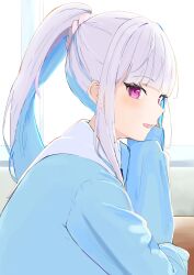 1girl absurdres blue_cardigan blue_hair blunt_bangs blush cardigan elbow_rest eyelashes from_side hashtag-only_commentary head_rest highres lize_helesta lize_helesta_(4th_costume) long_hair looking_at_viewer looking_to_the_side multicolored_hair nijisanji niq_n14 open_mouth ponytail purple_eyes sidelocks sleeves_past_wrists smile solo streaked_hair two-tone_hair upper_body virtual_youtuber white_hair window
