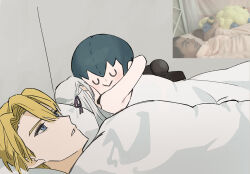 1boy 1girl 500_dollar_four_foot_tall_mareep_(meme) back bare_arms bed blonde_hair blue_eyes character_doll closed_eyes closed_mouth commentary_request couple cover dimitri_alexandre_blaiddyd doll edelgard_von_hresvelg fire_emblem fire_emblem:_three_houses from_behind from_side green_hair grey_background hair_between_eyes hair_ribbon hetero hug hugging_doll hugging_object ikaikakka indoors light_smile long_hair looking_up lying male_byleth_(fire_emblem) meme nintendo on_back parted_lips photo-referenced pillow purple_ribbon ribbon short_hair stuffed_toy toy white_hair