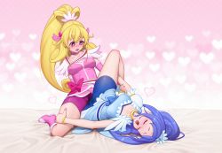 2girls absurdres aida_mana bike_shorts blonde_hair blue_hair breasts choker closed_eyes cure_diamond cure_heart dokidoki!_precure gradient_background heart highres hishikawa_rikka long_hair looking_at_another lying magical_girl medium_breasts multiple_girls nail_polish nypdesu on_back pink_background pink_choker pink_eyes precure tribadism tribadism_through_clothes yuri