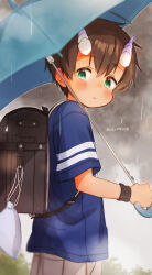 1boy armband backpack bag black_armband black_bag blue_shirt blue_umbrella blush brown_hair child closed_mouth cloud cloudy_sky commentary cowboy_shot dai_(far_tarooo) dated demon_boy demon_horns dot_nose far_tarooo frown green_eyes hair_between_eyes highres holding holding_umbrella horizontal-striped_sleeves horns looking_back male_focus original outdoors pouch rain randoseru shirt short_hair short_sleeves shorts sky solo standing storm storm_cloud striped_sleeves umbrella white_horns