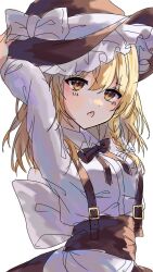 amatukimahoro black_bow blonde_hair bow braid collared_shirt frills hat highres kirisame_marisa open_mouth ribbon shirt skirt suspenders touhou white_background white_bow white_shirt witch_hat yellow_eyes