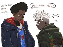 ... 2boys alternate_costume arcane:_league_of_legends artist_name blue_shirt dark-skinned_male dark_skin ekko_(league_of_legends) english_text eye_contact firelight_ekko highres hood hood_down jacket league_of_legends looking_at_another male_focus marvel miles_morales multiple_boys open_clothes open_jacket profile red_jacket shirt short_hair simple_background speech_bubble spider-man:_into_the_spider-verse spider-man_(series) spider-verse spoken_ellipsis sweatdrop teeth white_hair white_shirt zhen_(xmz_0402)
