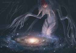 alien artist_name bloodborne commentary ebrietas_daughter_of_the_cosmos eldritch_abomination extra_arms jlien- milky_way monster no_humans skeletal_wings slug solo space star_(sky) tentacles universe watermark wings