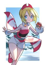 1girl bare_shoulders blue_eyes closed_mouth commentary_request hair_ornament highres hisuian_poke_ball holding holding_poke_ball irida_(pokemon) kizaminori looking_at_viewer nintendo obi poke_ball pokemon pokemon_legends:_arceus red_shoes sash shoes short_hair shorts solo strapless white_shorts