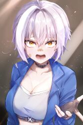 1girl blue_jumpsuit breasts cleavage collar fingerless_gloves gloves goddess_of_victory:_nikke grey_gloves grey_sports_bra hand_up highres jumpsuit kunimoto_rikuya large_breasts looking_at_viewer mori_(nikke) open_jumpsuit open_mouth short_hair solo sports_bra teeth white_hair yellow_eyes