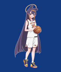 1girl ball basketball_(object) basketball_jersey basketball_uniform blue_background blue_eyes blue_shoes commentary english_commentary full_body halo highres holding holding_ball hololive hololive_english long_hair national_basketball_association new_york_knicks ninomae_ina&#039;nis orange_hair pointy_ears purple_hair shoes smile sneakers snkagawa solo sportswear tentacle_hair very_long_hair virtual_youtuber