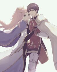 1boy 1girl armor blue_eyes breasts brown_hair cape dress feet_out_of_frame frederica_aesfrost greaves green_eyes hetero high_ponytail highres holding_hands long_dress long_hair medium_breasts pink_hair ponytail serenoa_wolffort simple_background tabard triangle_strategy white_background wspread