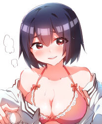1girl absurdres black_hair bra breasts commentary_request highres himeno_akari_(modaete_yo_adam-kun) large_breasts looking_at_viewer modaete_yo_adam-kun nyaa_(nnekoron) open_mouth pink_bra red_eyes shirt short_hair simple_background smile solo sweat teeth underwear undressing upper_body upper_teeth_only white_background white_shirt