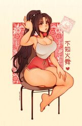 1girl arm_up artist_name bare_shoulders barefoot blush breasts brown_eyes brown_hair chair cleavage collarbone commentary english_commentary full_body highres lips long_hair looking_at_viewer medium_breasts oxcoxa parted_lips ponytail red_shorts shiranui_mai short_shorts shorts simple_background sitting solo street_fighter
