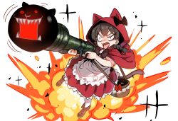 1girl absurdres animal_ear_hood animal_ears apron basket boots bow bowtie braid brown_hair capelet carrying_over_shoulder cat_(nyanko_daisensou) cat_ears cat_girl cat_tail commentary dress ebora english_commentary explosion fake_animal_ears fang full_body highres hood hood_up hooded_capelet m1_bazooka minya_(nyanko_daisensou) motion_lines nyanko_daisensou open_mouth red_dress rocket_launcher short_hair slit_pupils solo tail tongue tongue_out twin_braids v-shaped_eyebrows weapon white_background