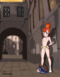 &gt;:| 1girl angry bad_tag breasts cameltoe denim digimon digimon_tamers female highres jeans loli looking_at_viewer makino_ruki medium_hair navel nipples no_shoes orange_hair panties pants pants_around_one_leg purple_eyes samson_00 shoes small_breasts sneakers socks solo standing thighs toei_animation topknot topless underwear yellow_panties