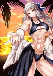 Rule 34 | 1girl, abs, absurdres, bare shoulders, beach, bikini, black bikini, breasts, center opening, cleavage, cloud, cloudy sky, commentary, fate/grand order, fate (series), grin, hand on own hip, highres, kiteno kiten, light blush, long hair, looking at viewer, medium breasts, muscular, muscular female, navel, ocean, offering hand, penthesilea (fate), sky, smile, solo, sun, sunset, swimsuit, white hair, yellow eyes