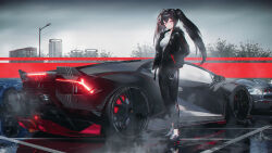 1girl absurdres black_hair black_jacket car city cloud cloudy_sky full_body highres jacket lamborghini_huracan long_hair looking_at_viewer lucia:_plume_(pgr) lucia_(pgr) motor_vehicle multicolored_hair outdoors punishing:_gray_raven red_eyes red_hair scenery seymour_(sai_lu_er) shirt sky solo standing twintails urban white_shirt