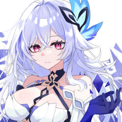 1girl bare_shoulders blue_gloves breasts cleavage genshin_impact gloves grey_eyes hair_ornament halterneck large_breasts long_hair looking_at_viewer pink_eyes saihana skirk_(genshin_impact) smile solo upper_body white_background
