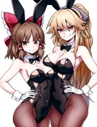 2girls absurdres alternate_costume animal_ear_hairband animal_ears armpits black_bow black_bowtie black_hairband black_leotard black_pantyhose blonde_hair bow bowtie breast_on_breast breasts brown_eyes brown_hair cleavage closed_mouth commentary covered_navel cowboy_shot detached_collar fake_animal_ears gloves hair_bow hair_tubes hairband hakurei_reimu hand_on_own_hip highres junko_(touhou) kikoka_(mizuumi) leotard long_hair looking_at_viewer medium_hair multiple_girls pantyhose playboy_bunny rabbit_ear_hairband rabbit_ears red_bow red_eyes simple_background smile strapless strapless_leotard touhou v-shaped_eyebrows very_long_hair white_background white_gloves wrist_cuffs