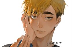 1boy 1other black_hair blonde_hair brown_eyes commentary dated eyelashes haikyuu!! hand_on_another&#039;s_arm hand_on_another&#039;s_face hashtag-only_commentary highres joe_0602 looking_at_viewer male_focus miya_atsumu multicolored_hair parted_bangs parted_lips short_hair sideburns signature simple_background solo_focus teeth thick_eyebrows two-tone_hair white_background