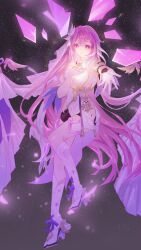 1girl absurdres black_shorts boots breasts chinese_commentary commentary_request corset crystal_shards diamond-shaped_pupils diamond_(shape) elysia_(herrscher_of_human:_ego)_(honkai_impact) elysia_(honkai_impact) full_body gloves highres honkai_(series) honkai_impact_3rd large_breasts long_hair micro_shorts pink_hair purple_eyes reaching reaching_towards_viewer shorts sky solo star_(sky) starry_sky symbol-shaped_pupils veil very_long_hair white_boots white_corset white_gloves white_veil xiaoluoyue03233