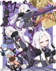 1boy 3girls ahoge ako_(blue_archive) armband baseball_glove batting_stance bell black_boots black_gloves black_wings blue_archive blue_eyes blue_hair boots breast_rest breasts breasts_on_head broken_statue commentary_request cowbell cuffs dark-skinned_female dark_skin demon_horns demon_wings doodle_sensei_(blue_archive) fur-trimmed_jacket fur_trim gloves grey_hair gun hair_over_one_eye highres hina_(blue_archive) holding holding_gun holding_weapon horns hukube_kanchou iori_(blue_archive) jacket jacket_on_shoulders long_sleeves long_tongue low_wings machine_gun makoto_(blue_archive) mg42 multiple_girls multiple_views neck_bell open_mouth pointing pointing_at_viewer pointy_ears purple_eyes purple_thighhighs red_armband red_eyes sensei_(blue_archive) serious sideboob smile sparkle squatting statue sweat thighhighs tongue twintails very_long_tongue weapon white_hair wings