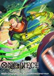 2boys bashikou black_cape bodysuit cape commentary_request copyright_name curly_eyebrows full_body gloves green_bodysuit green_hair hair_slicked_back headphones looking_ahead multiple_boys neckerchief official_art one_piece one_piece_card_game open_mouth orange_neckerchief pebble slapping smile vinsmoke_yonji